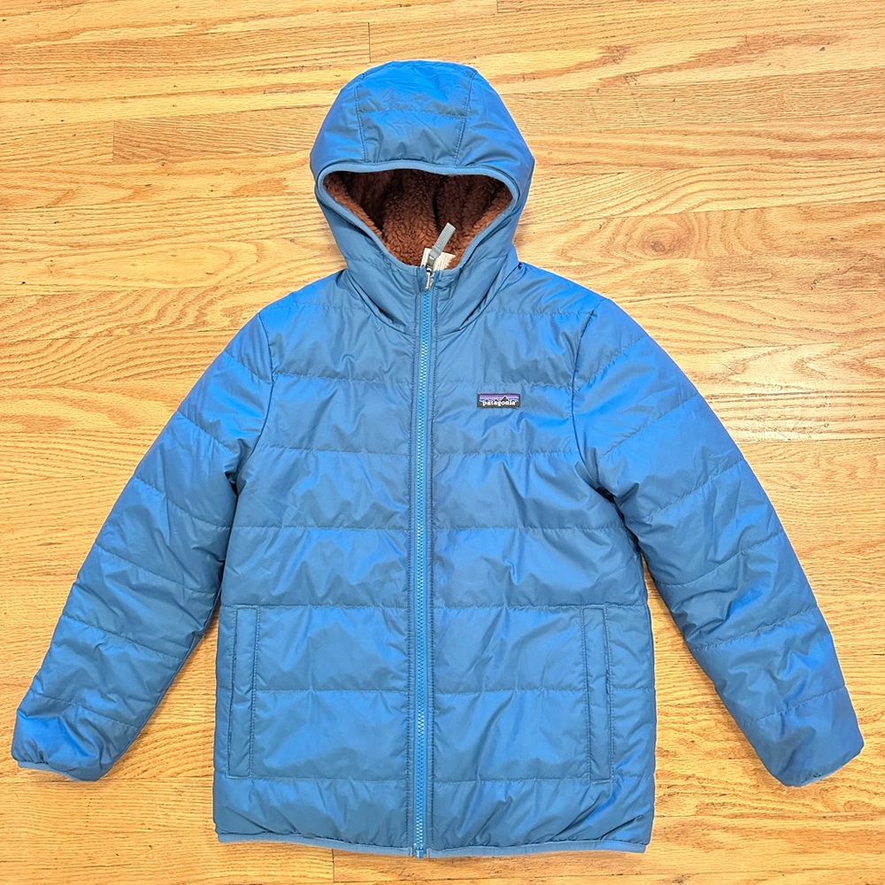 Patagonia Kids Reversible Blue Puffer Jacket with Hood